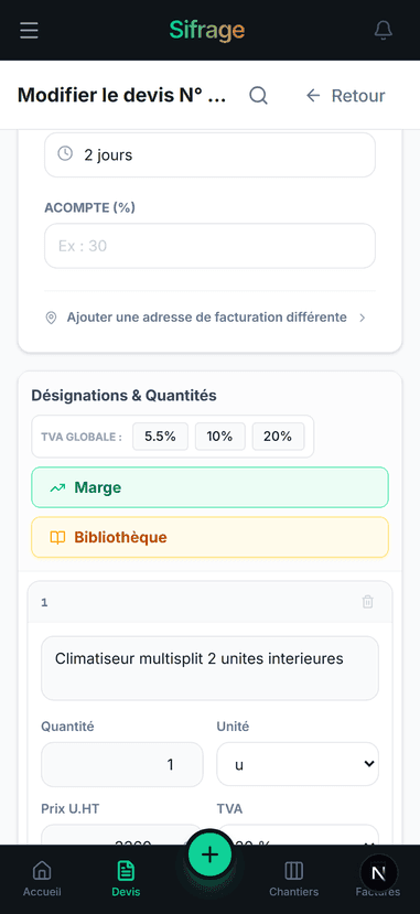 Rentabilité par chantier sur mobile