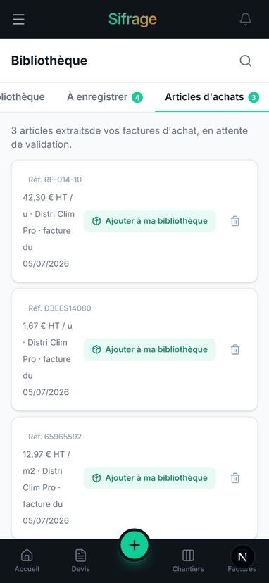 Bibliothèque de prix mise à jour depuis un achat scanné sur mobile