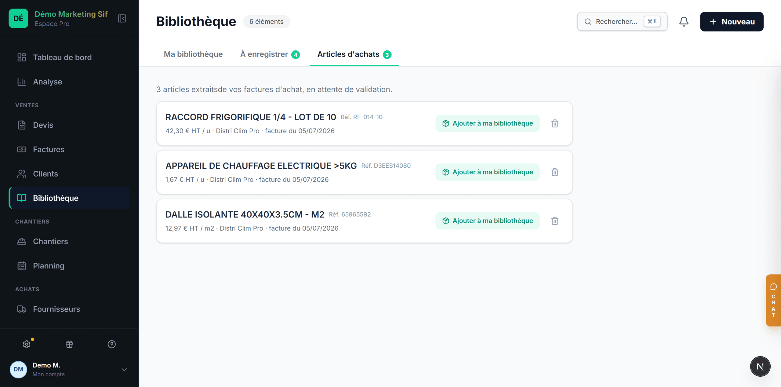 Articles extraits des factures d'achat prêts à rejoindre la bibliothèque de prix dans Sifrage