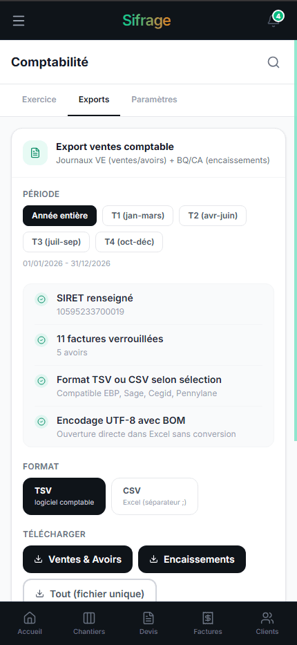 Export comptable sur mobile