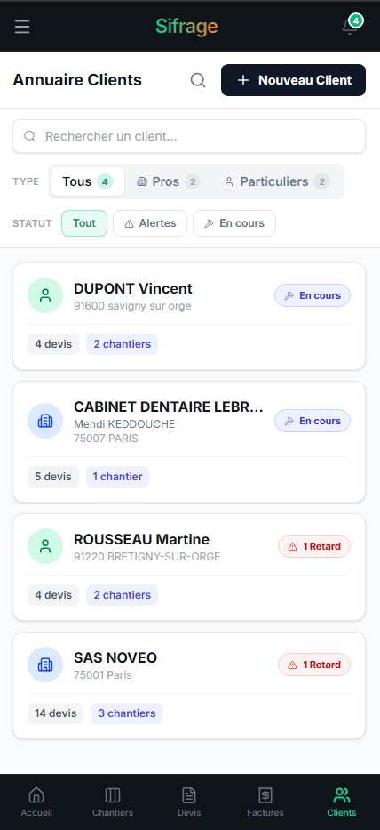 Annuaire des clients Sifrage sur mobile