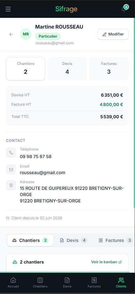 Fiche client sur mobile