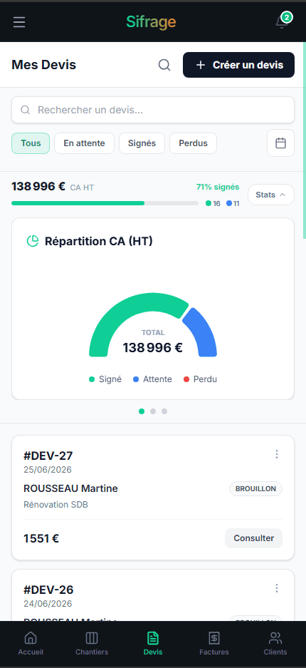 Liste des devis Sifrage sur mobile