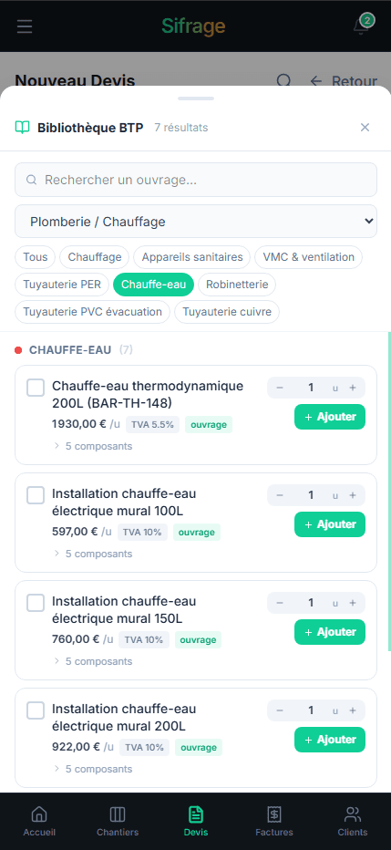 Bibliothèque d'articles BTP sur mobile