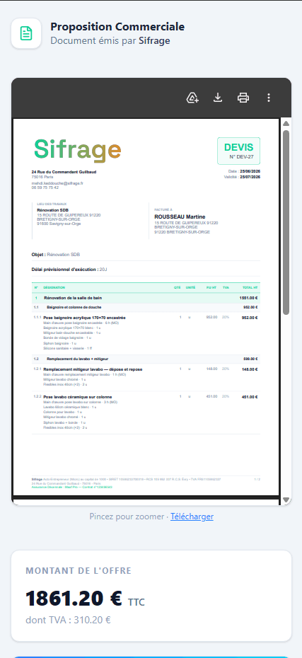 Signature d'un devis sur mobile