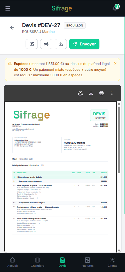Devis professionnel sur mobile