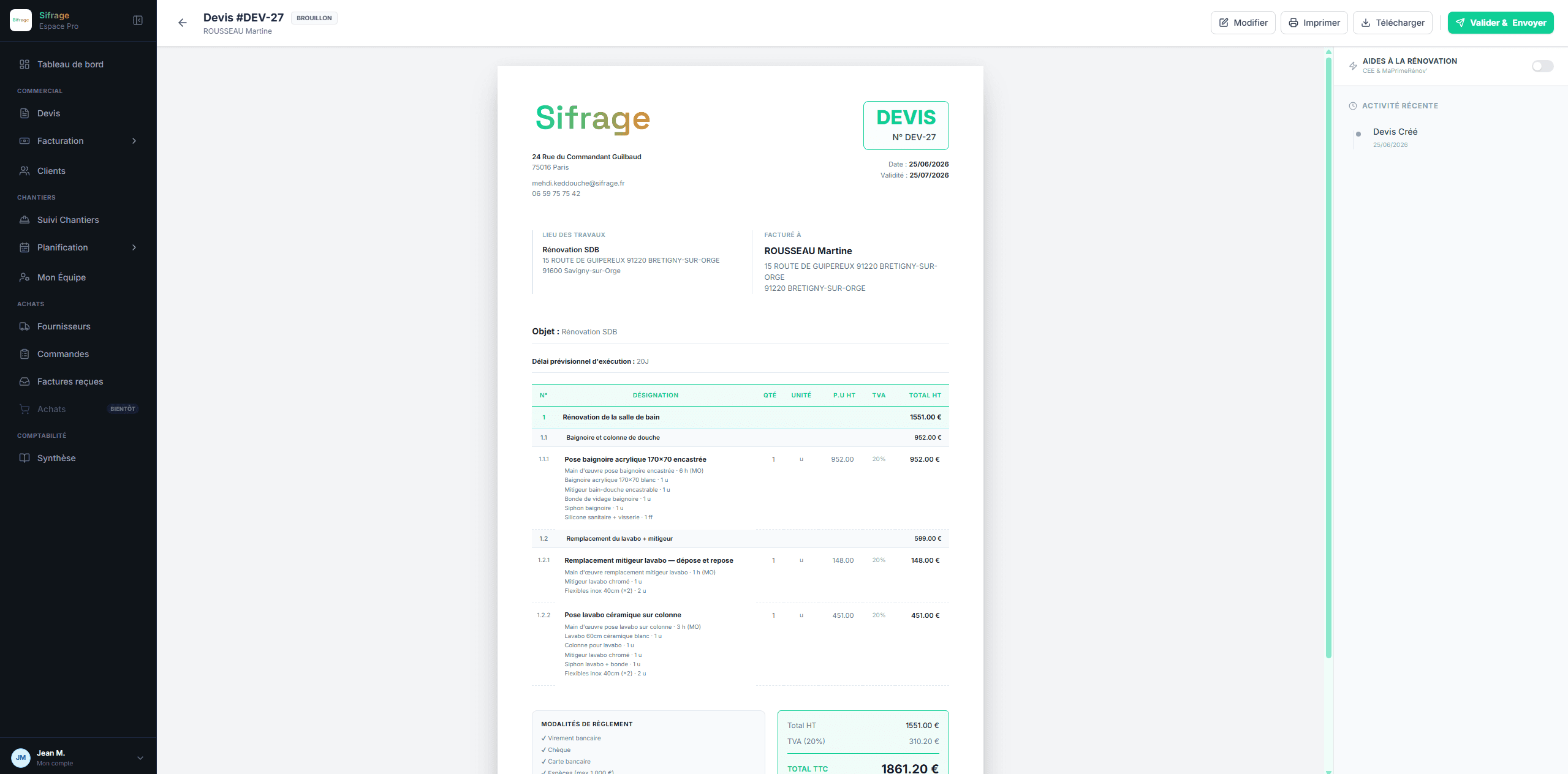 Devis professionnel à l'image de l'entreprise dans Sifrage