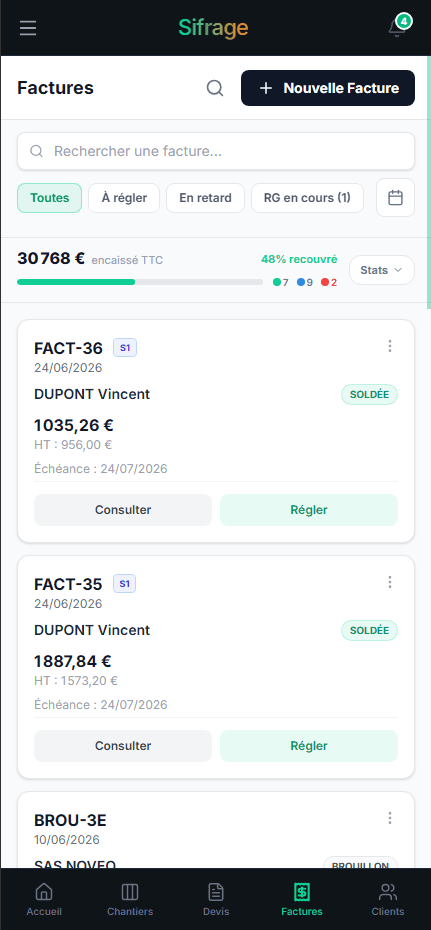 Liste des factures Sifrage sur mobile