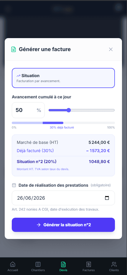 Facture d'acompte sur mobile