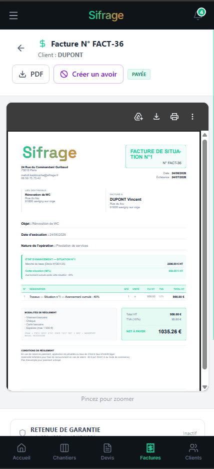 Facture conforme sur mobile