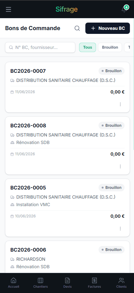 Bons de commande Sifrage sur mobile