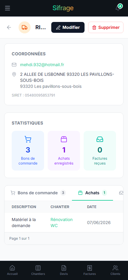 Fiche fournisseur sur mobile