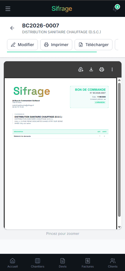 Bon de commande sur mobile