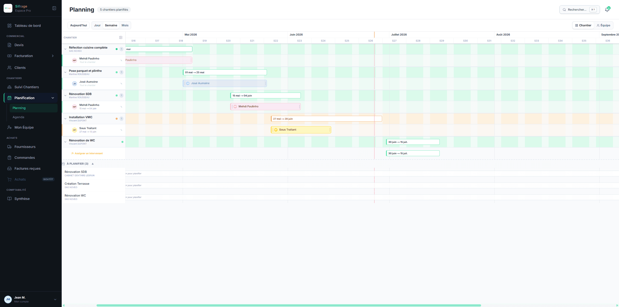 Planning des chantiers en vue Gantt dans Sifrage