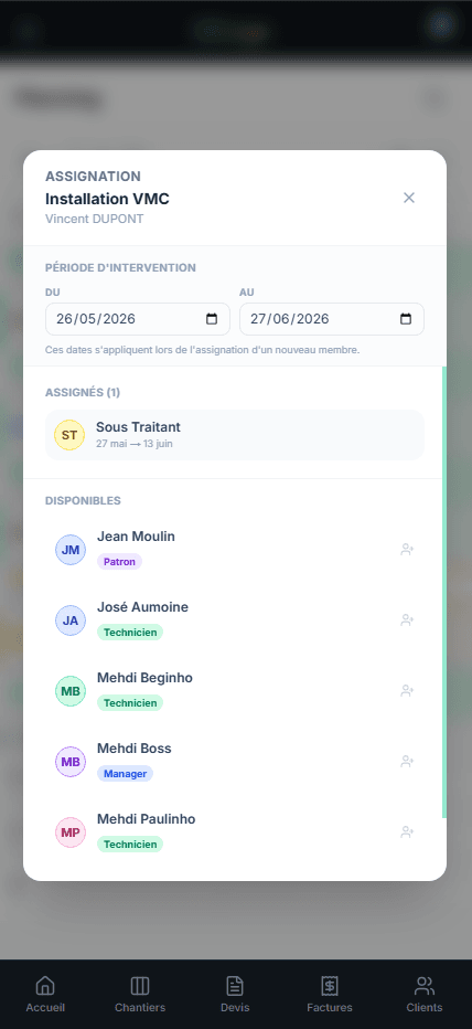 Assignation de l'équipe sur mobile
