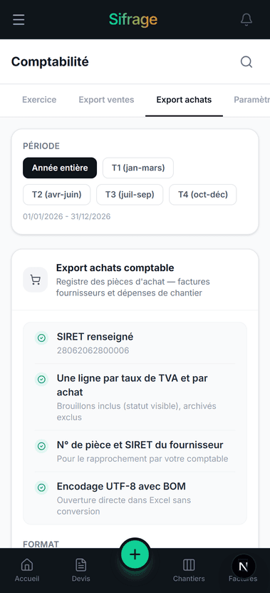 Export comptable des achats sur mobile