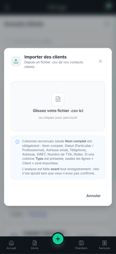 Import de clients sur mobile
