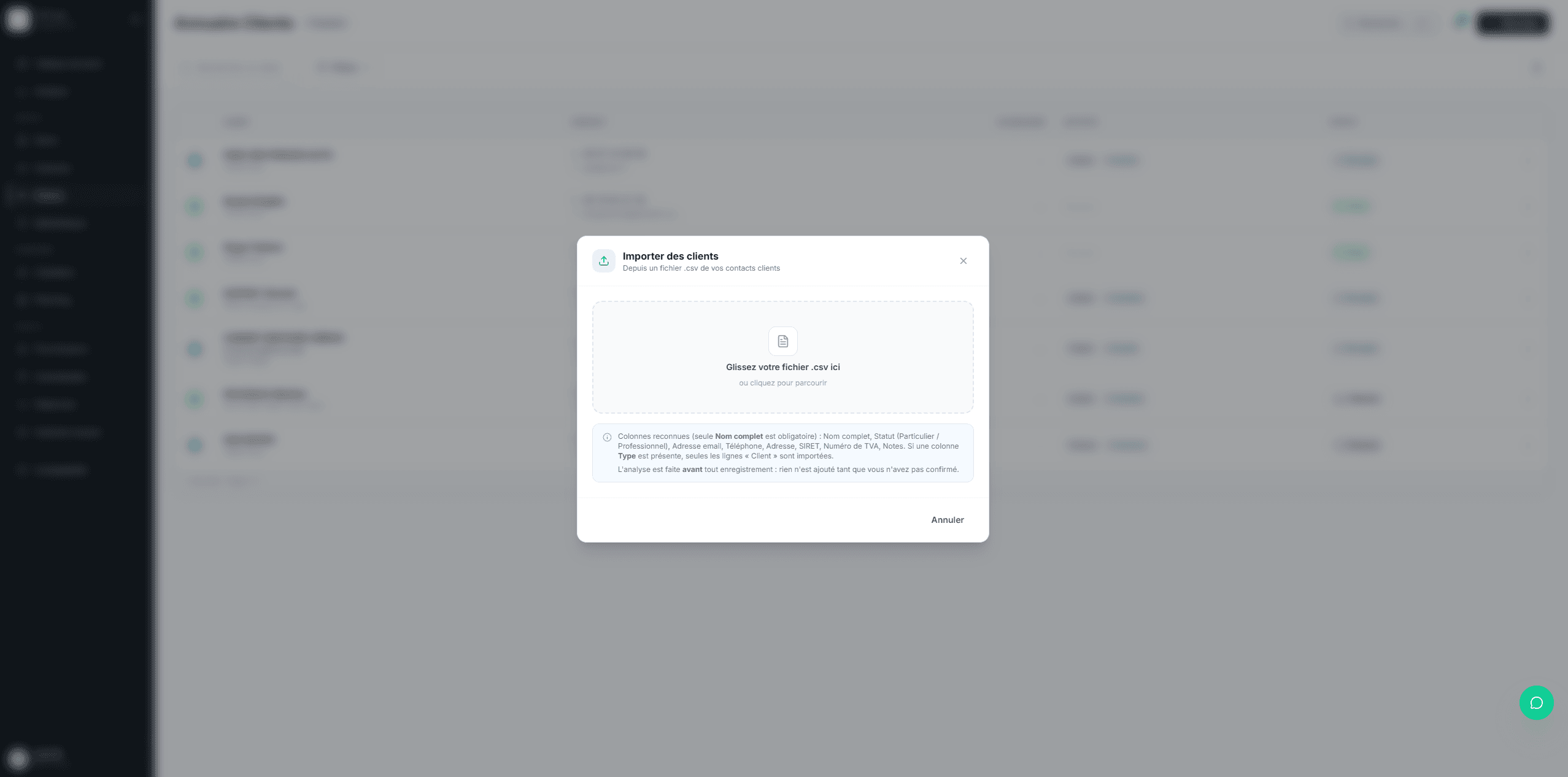 Import d'un fichier CSV de clients dans Sifrage