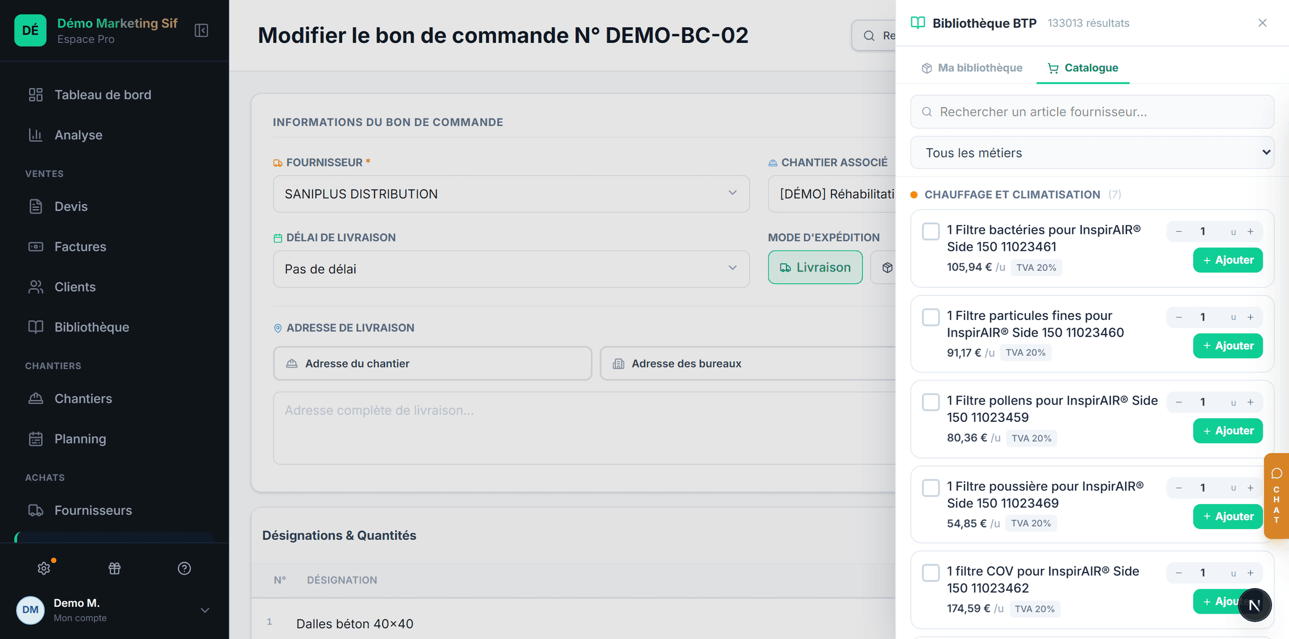 Catalogue de plus de 130 000 références fournisseurs dans un bon de commande Sifrage