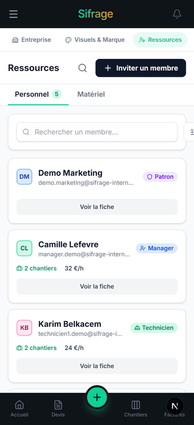 Gestion de l'équipe sur mobile